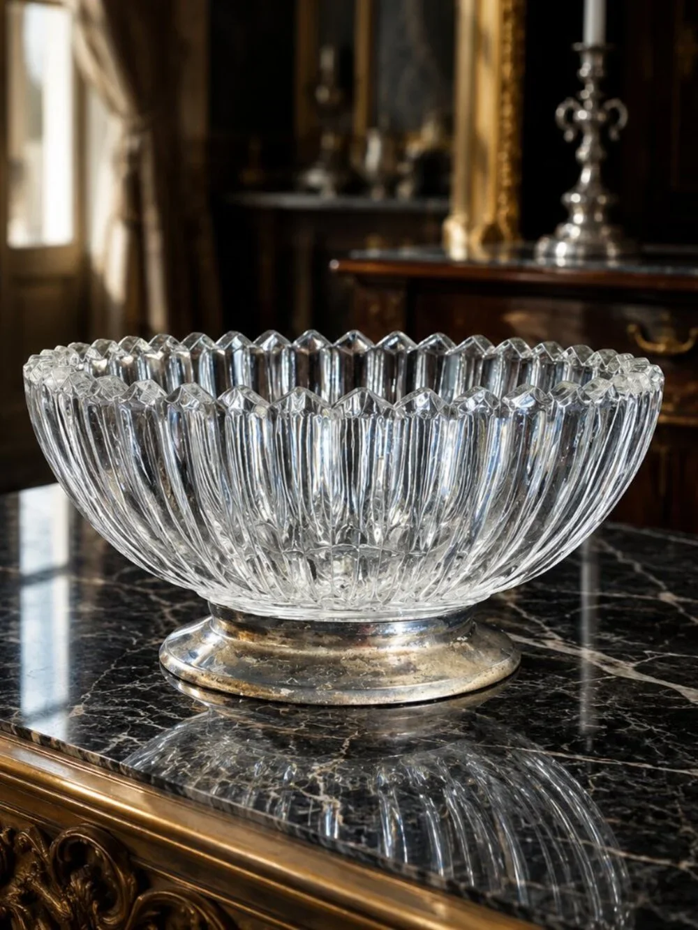 Vintage Silver Plated Footed Ribbed Glass Pedestal Serving Bowl